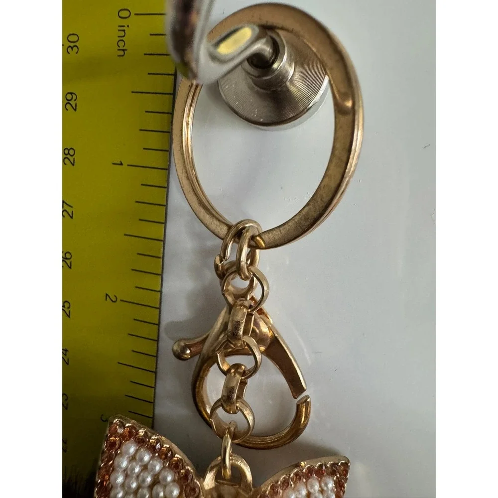 Gold Tone Fox Faux Fur Pom Pom Bag Charm Keychain Rhinestone Pearl Brown Tan